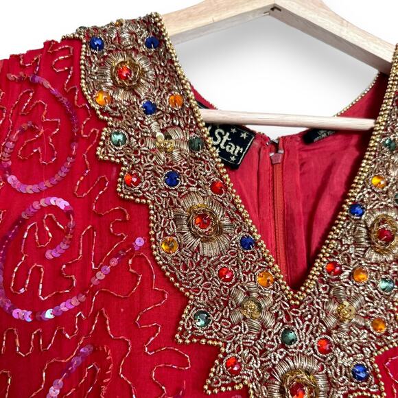 Vintage Gold Star Red 100% Silk Fully Beaded Midi Length Dress Women's Size S - Picture 6 of 15